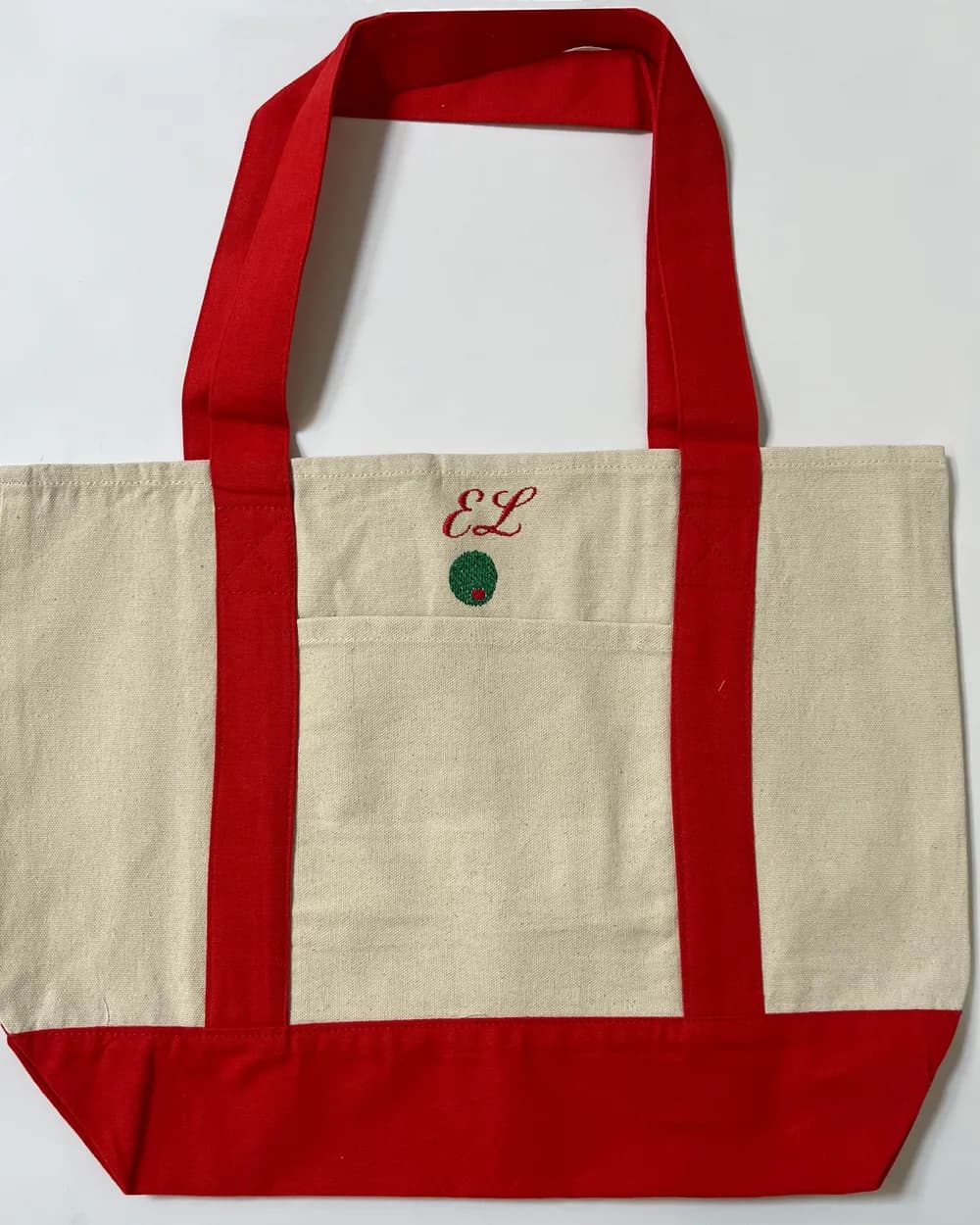 Red canvas tote with custom embroidery